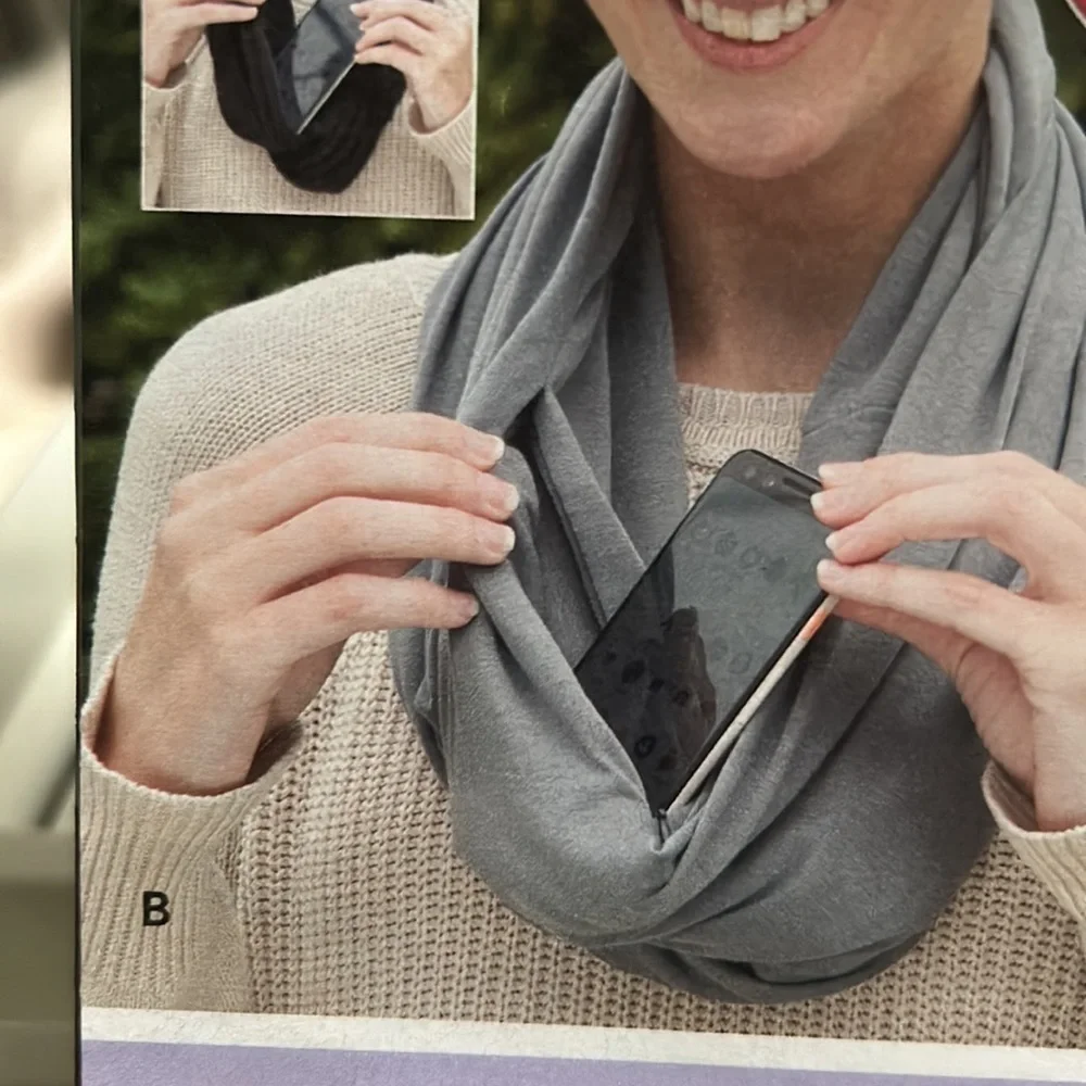 Infinity scarf with phone pocket blush gray khaki cream plaid soft & cozy